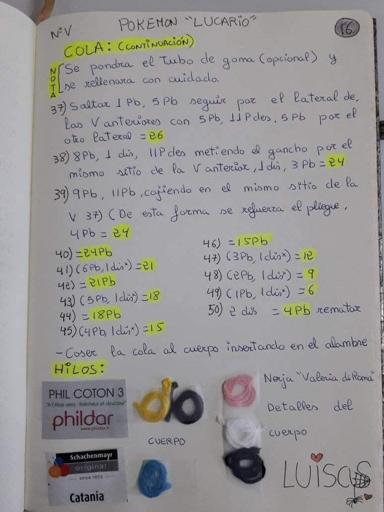 Patrón de crochet para crear un muñeco de Lucario detallado.