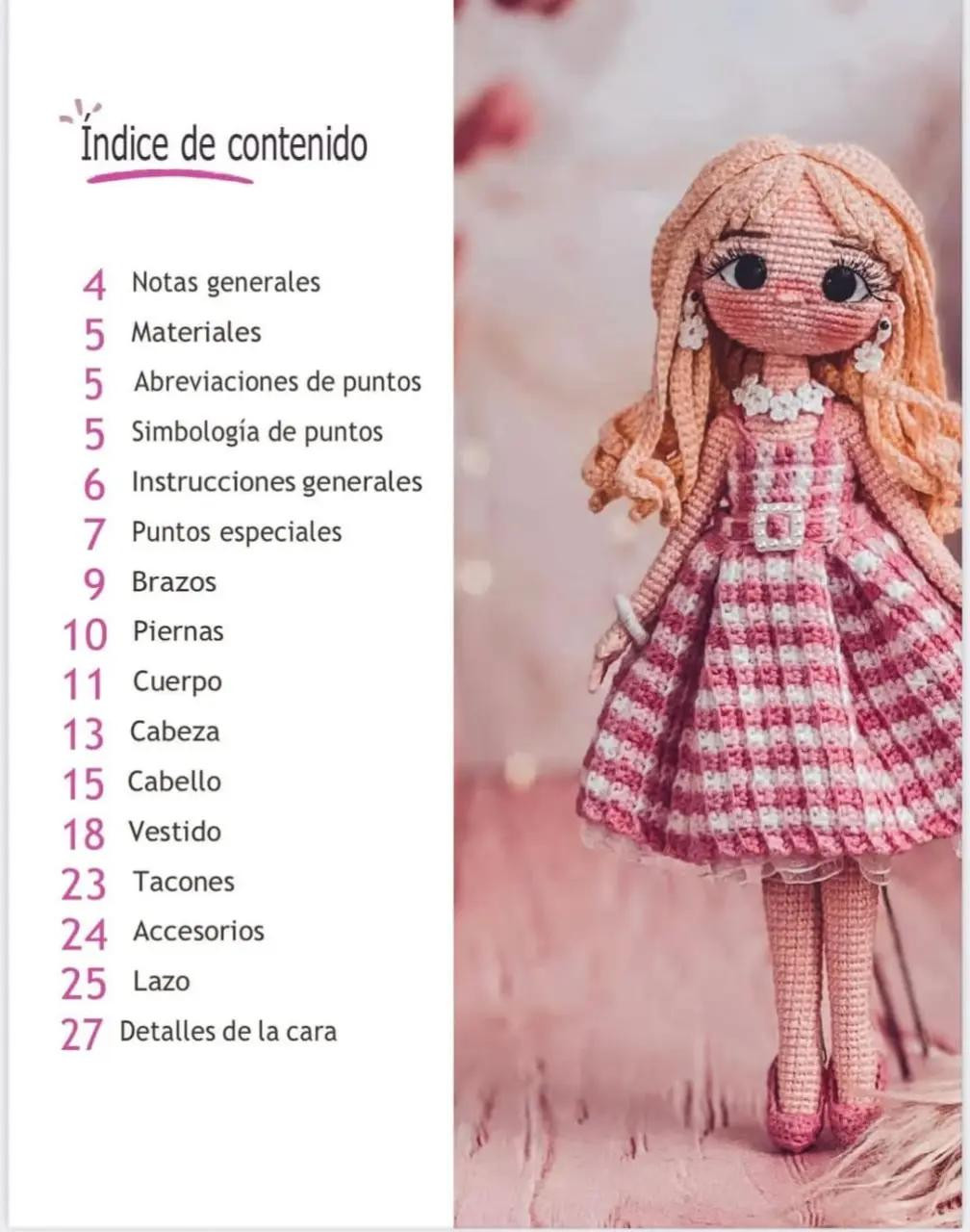 Patrón de crochet para muñeca con vestido rosa a cuadros
