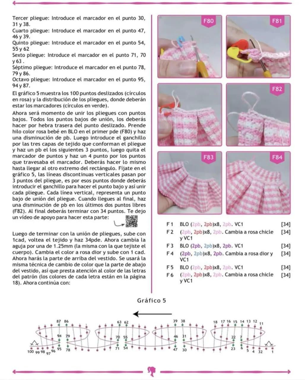 Patrón de crochet para muñeca con vestido rosa a cuadros