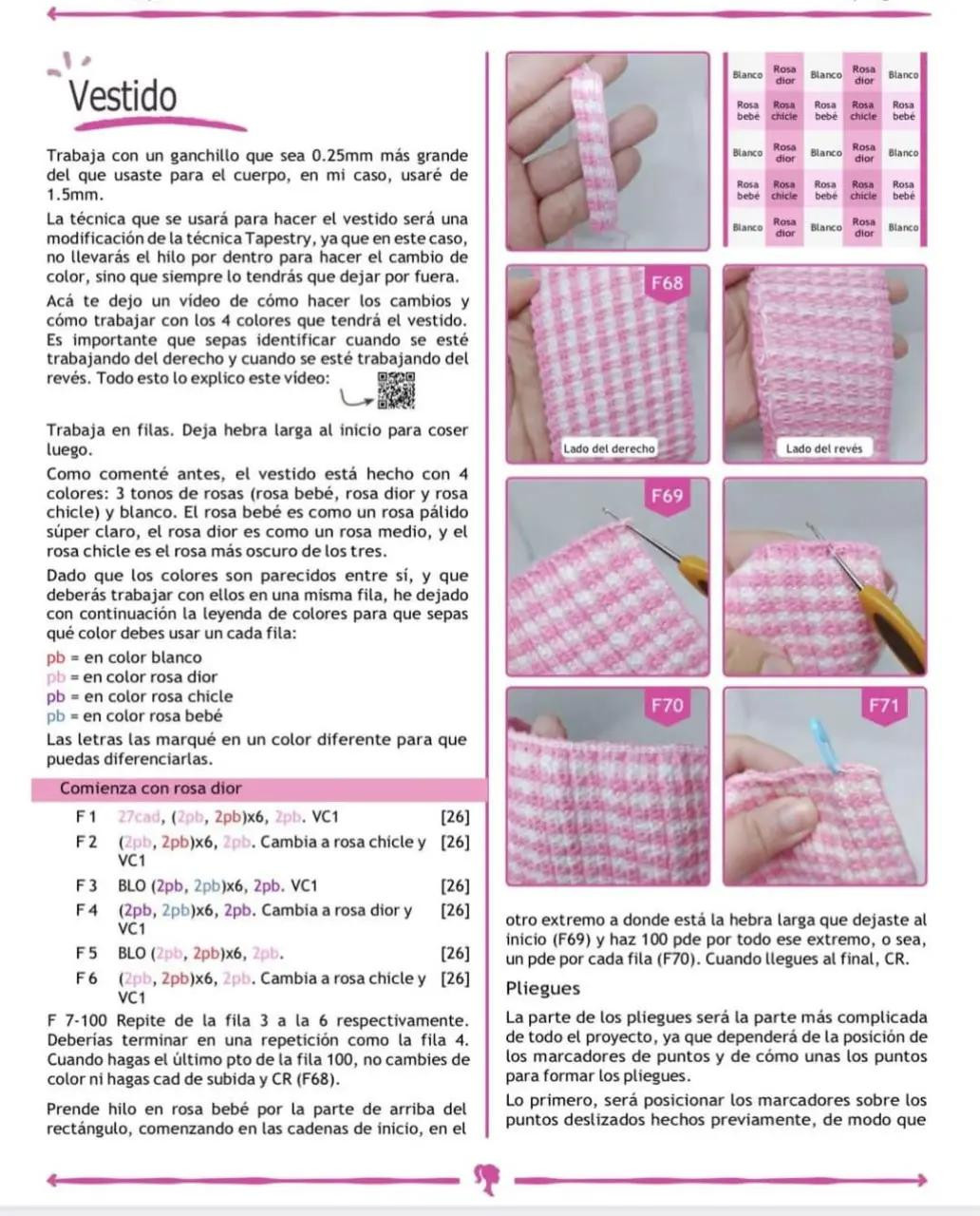 Patrón de crochet para muñeca con vestido rosa a cuadros