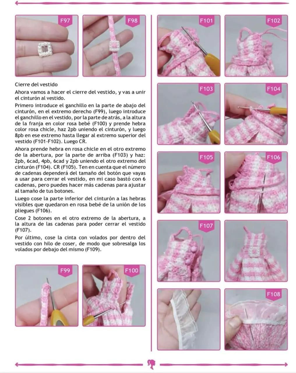 Patrón de crochet para muñeca con vestido rosa a cuadros