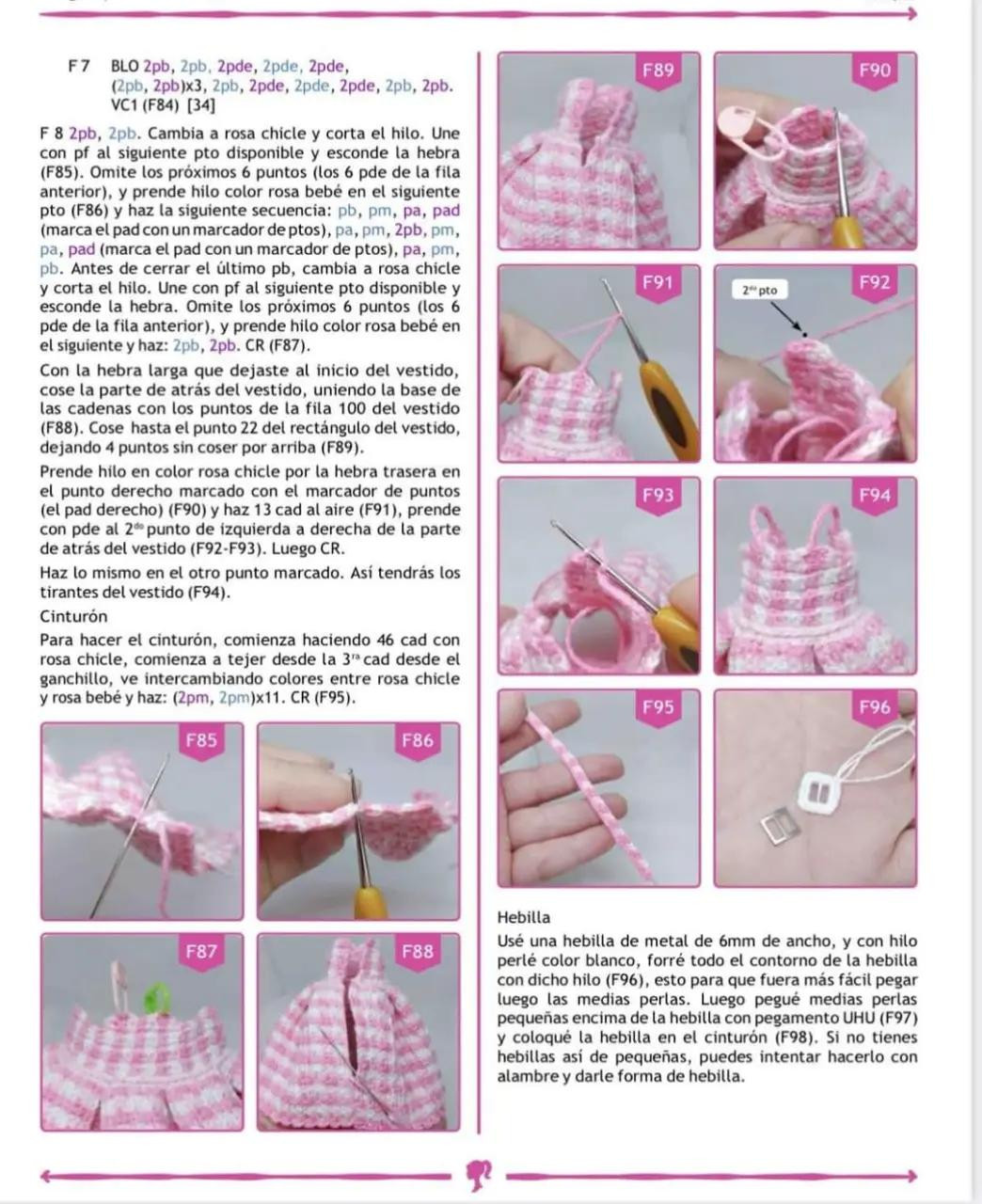Patrón de crochet para muñeca con vestido rosa a cuadros