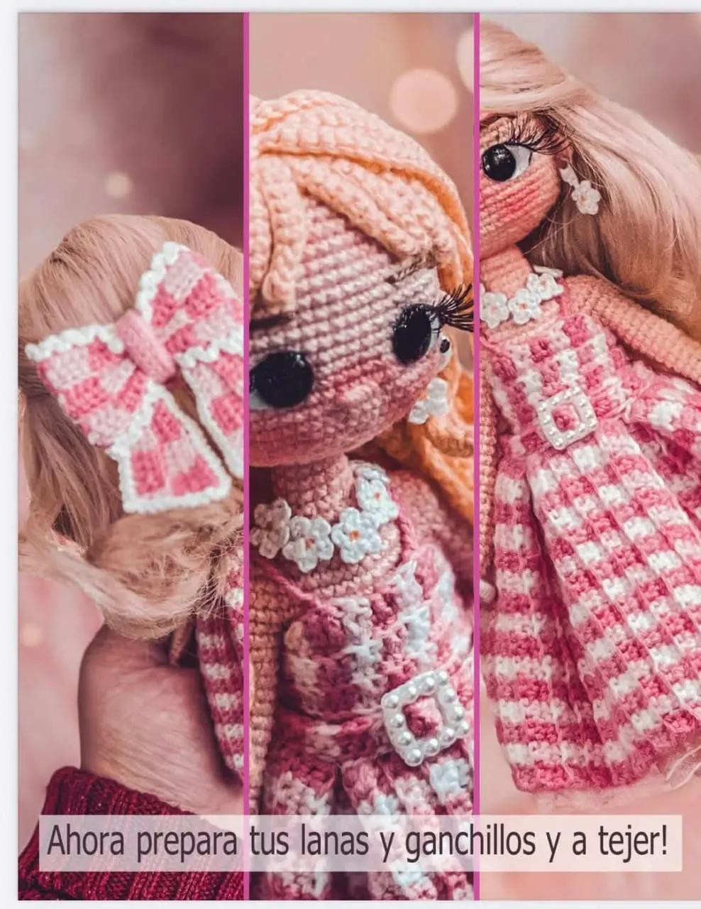 Patrón de crochet para muñeca con vestido rosa a cuadros