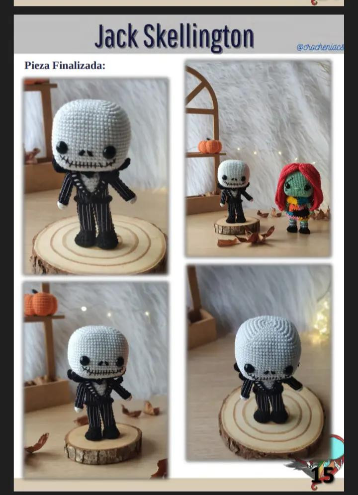 Patrón de crochet para muñeco esqueleto con traje de rayas, sally