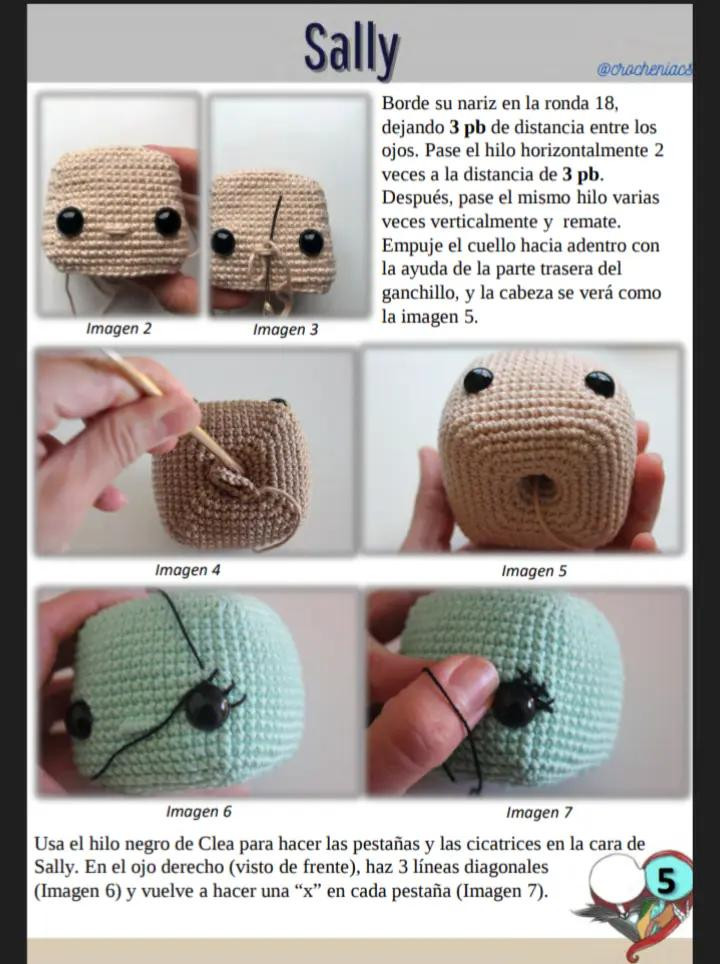 Patrón de crochet para muñeco esqueleto con traje de rayas, sally