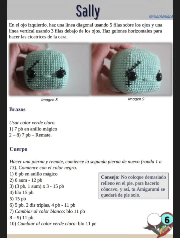 Patrón de crochet para muñeco esqueleto con traje de rayas, sally