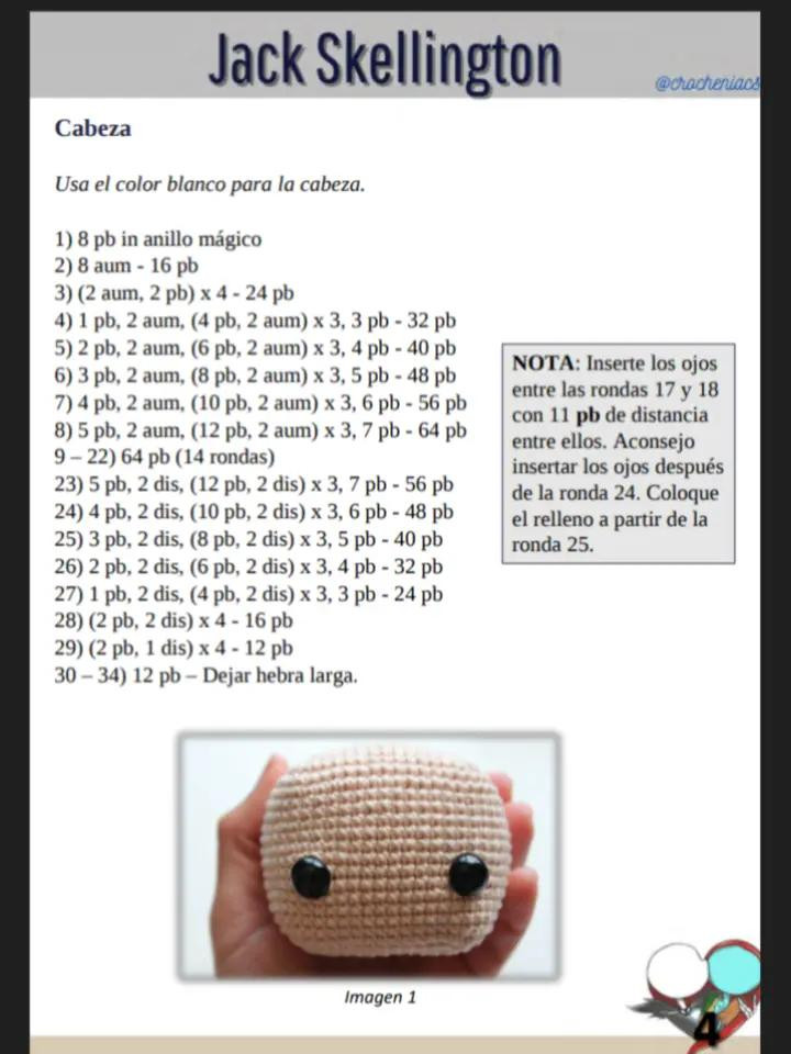 Patrón de crochet para muñeco esqueleto con traje de rayas, sally
