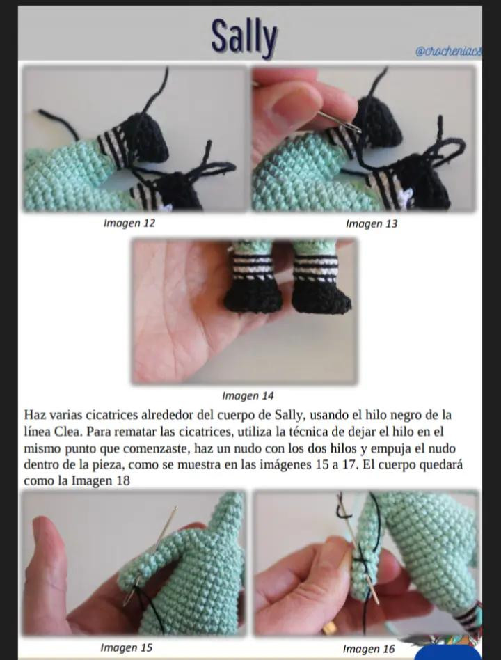 Patrón de crochet para muñeco esqueleto con traje de rayas, sally