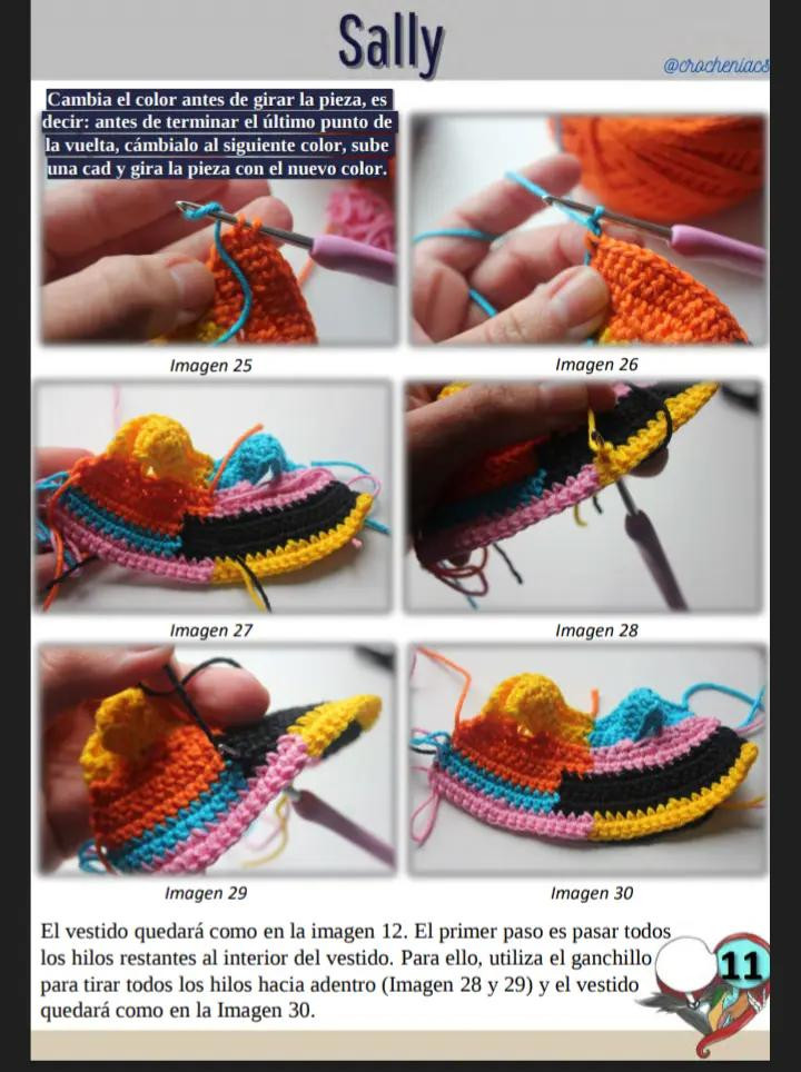 Patrón de crochet para muñeco esqueleto con traje de rayas, sally