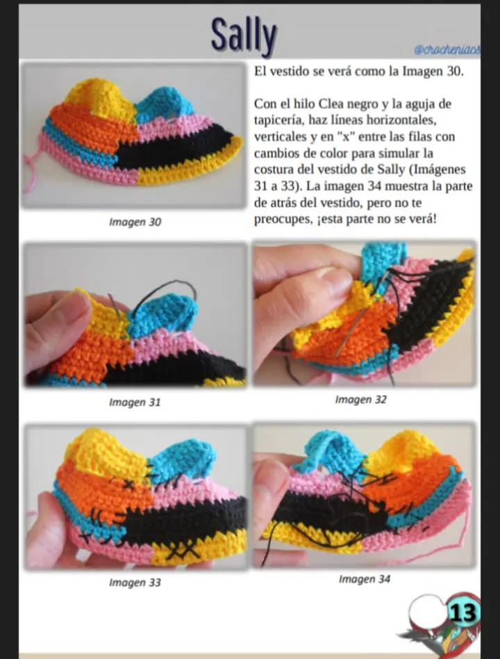 Patrón de crochet para muñeco esqueleto con traje de rayas, sally
