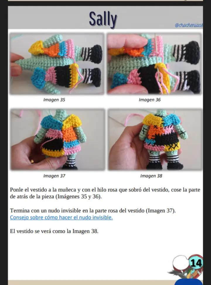 Patrón de crochet para muñeco esqueleto con traje de rayas, sally