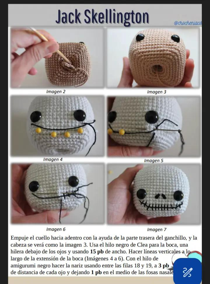 Patrón de crochet para muñeco esqueleto con traje de rayas, sally