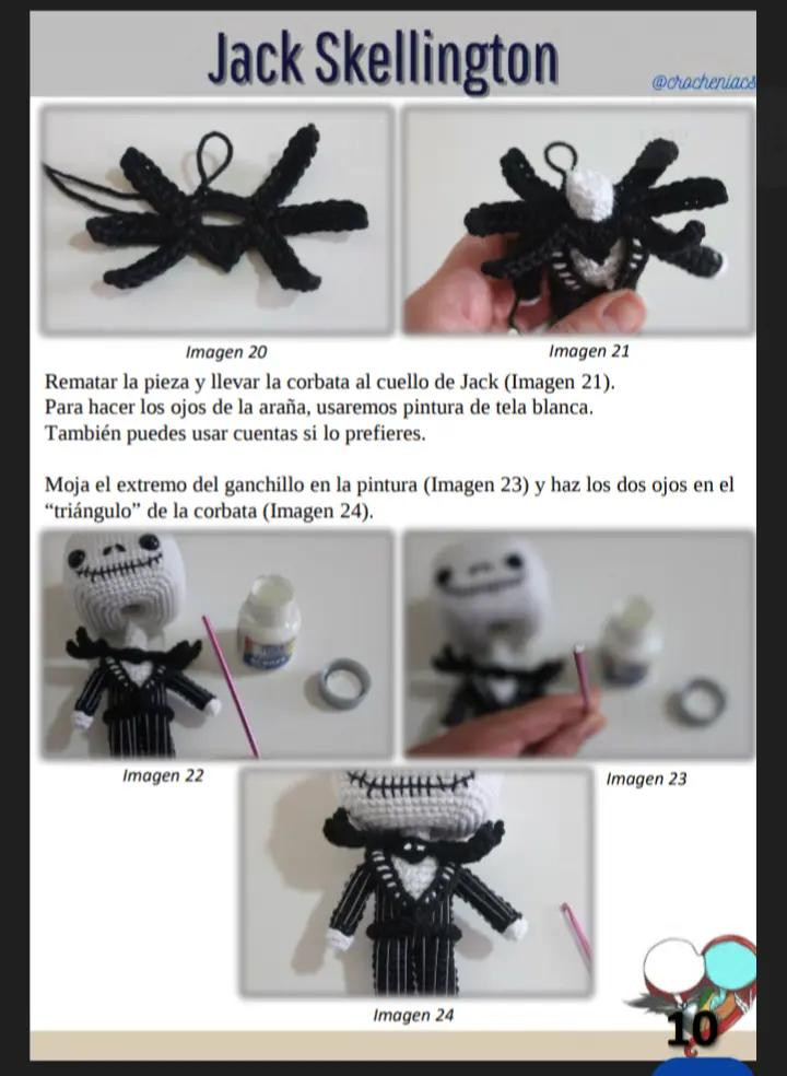 Patrón de crochet para muñeco esqueleto con traje de rayas, sally