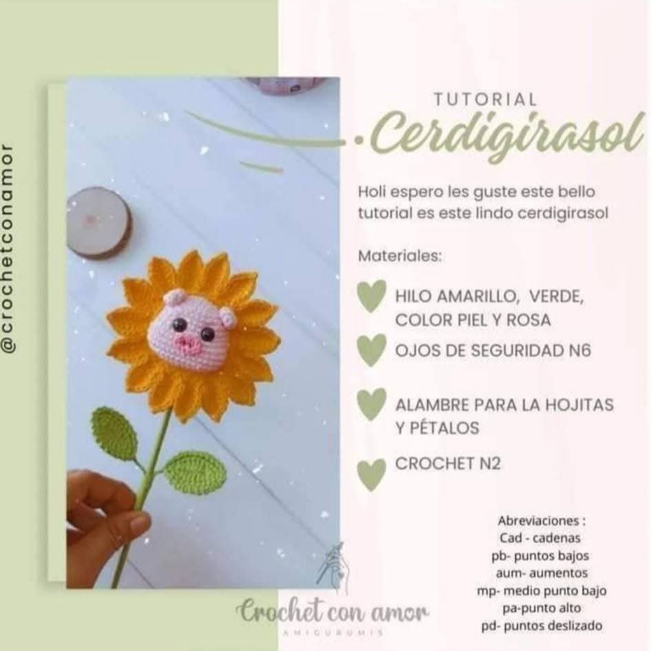 Patrón de Girasol con Cara de Cerdito para Tejido a Crochet