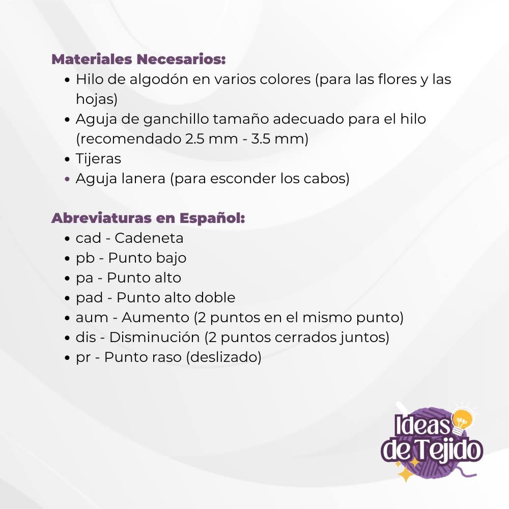 Patrón de guirnalda de flores a crochet con instrucciones detalladas.