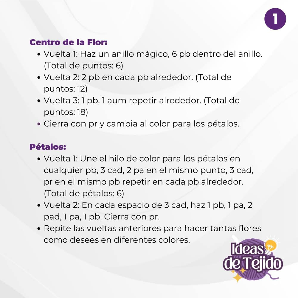 Patrón de guirnalda de flores a crochet con instrucciones detalladas.