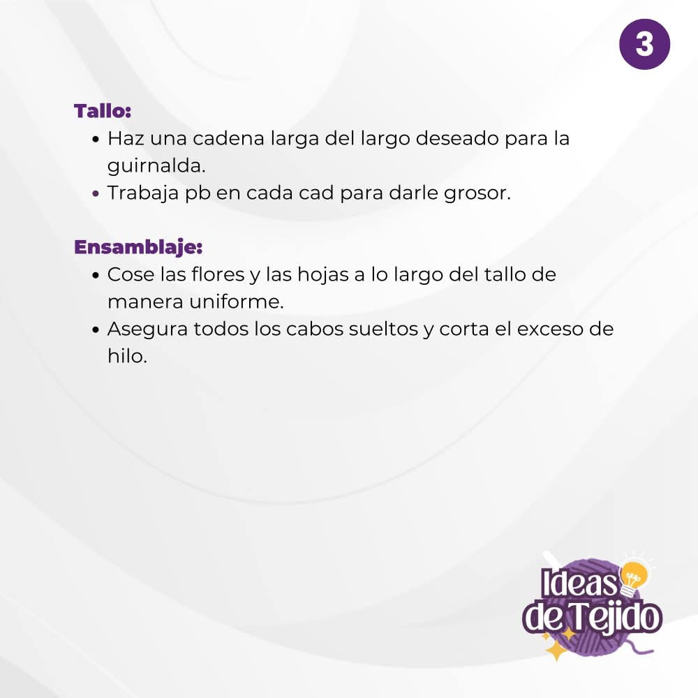 Patrón de guirnalda de flores a crochet con instrucciones detalladas.