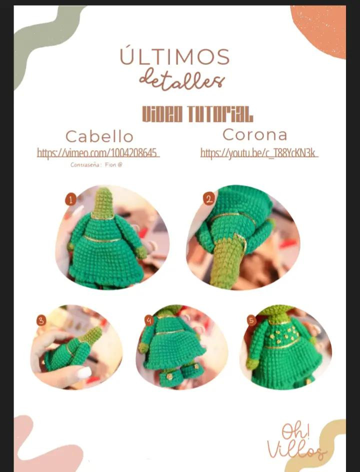 Patrón de muñeca amigurumi verde con vestido y cabello rojo brillante