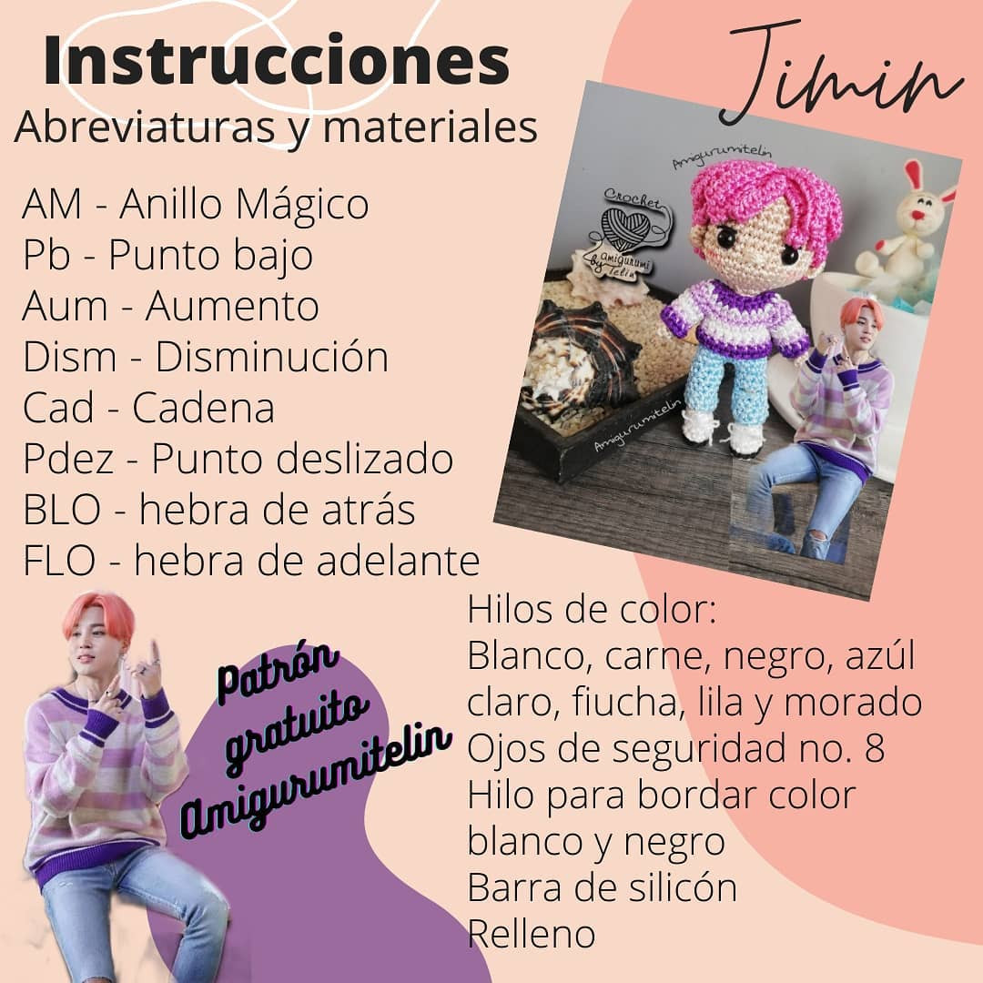 Patrón de muñeco Amigurumi de figura con cabello rosa y suéter a rayas.