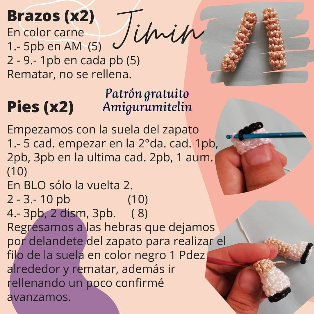 Patrón de muñeco Amigurumi de figura con cabello rosa y suéter a rayas.