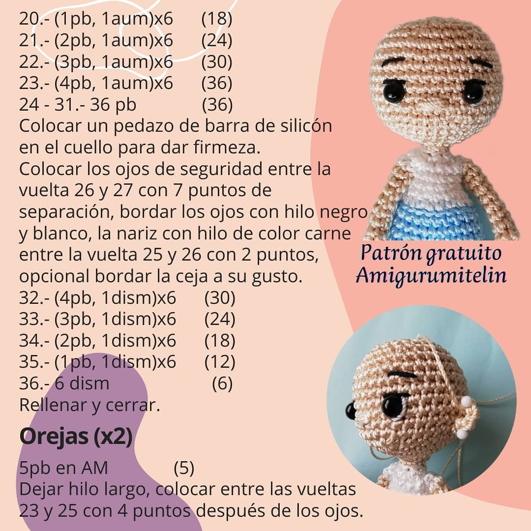 Patrón de muñeco Amigurumi de figura con cabello rosa y suéter a rayas.