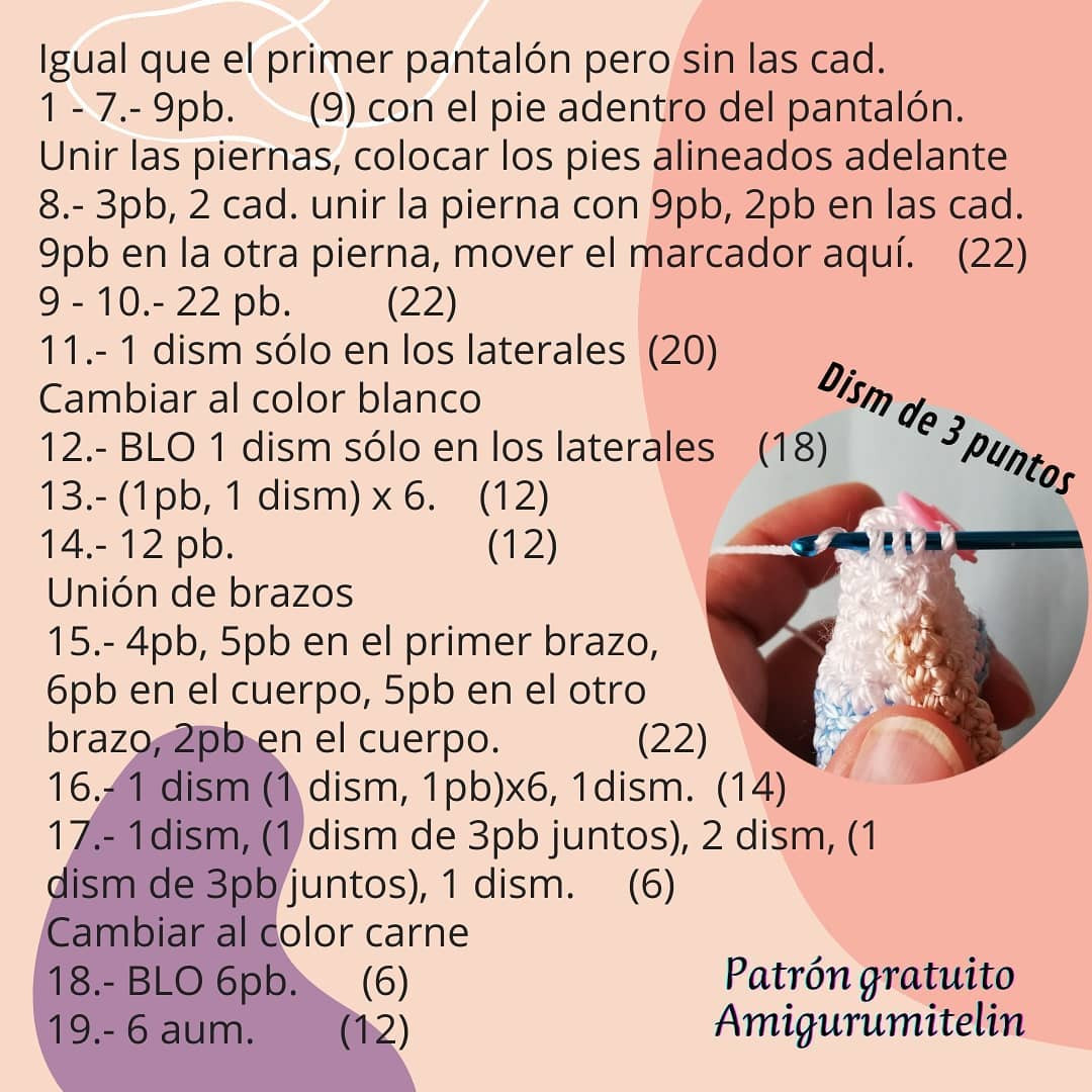 Patrón de muñeco Amigurumi de figura con cabello rosa y suéter a rayas.