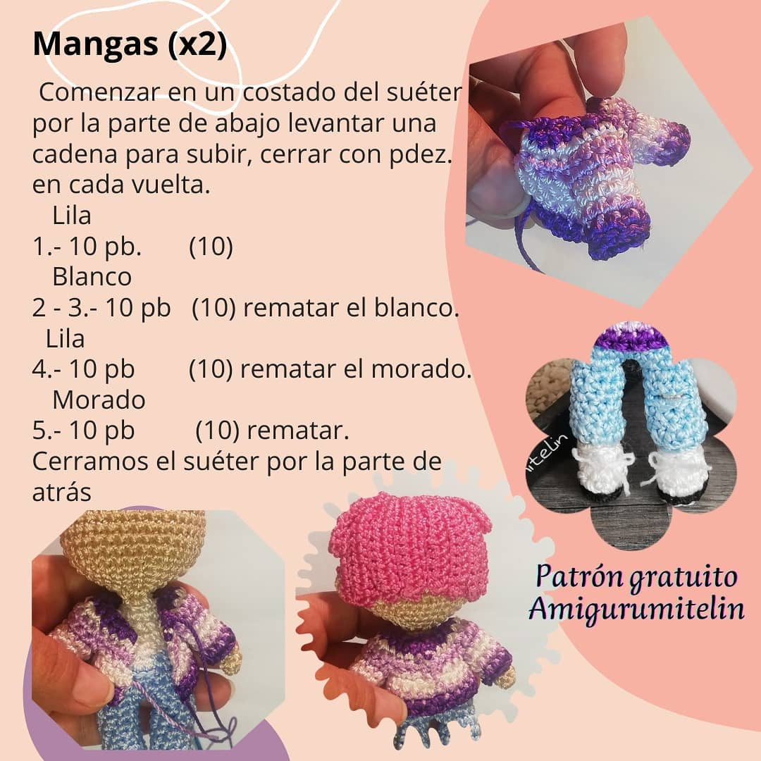 Patrón de muñeco Amigurumi de figura con cabello rosa y suéter a rayas.