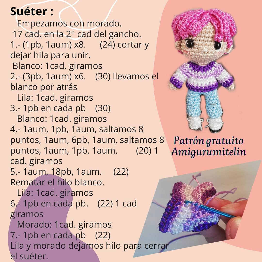 Patrón de muñeco Amigurumi de figura con cabello rosa y suéter a rayas.