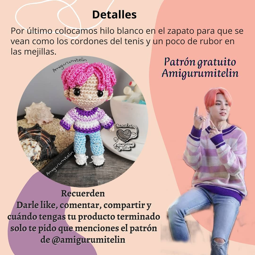Patrón de muñeco Amigurumi de figura con cabello rosa y suéter a rayas.