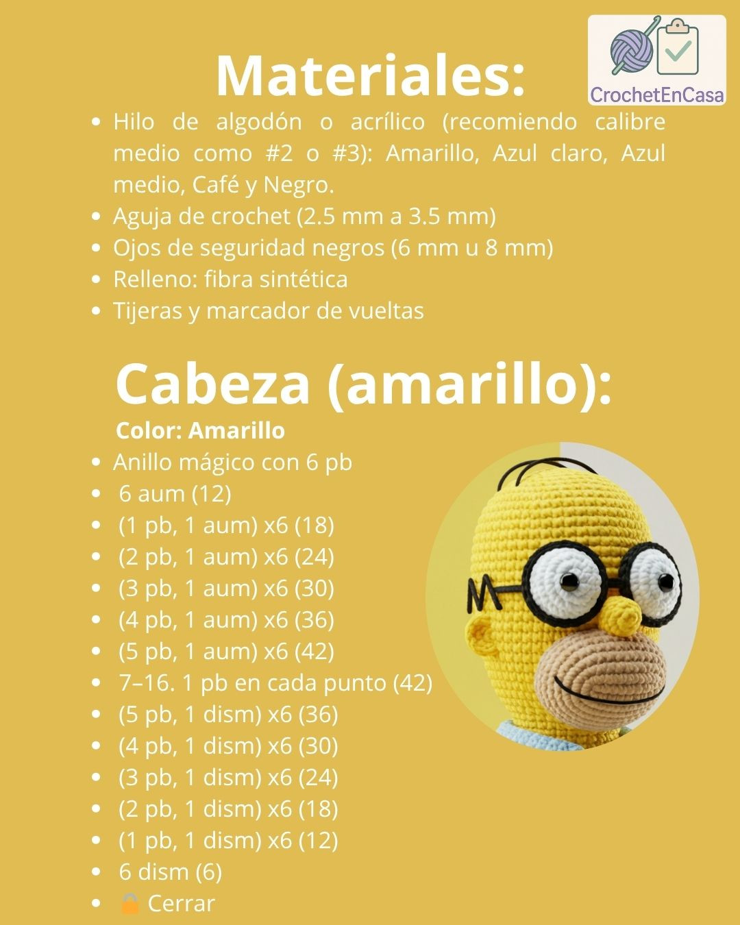 Patrón detallado para crear amigurumi de Homero Simpson paso a paso.