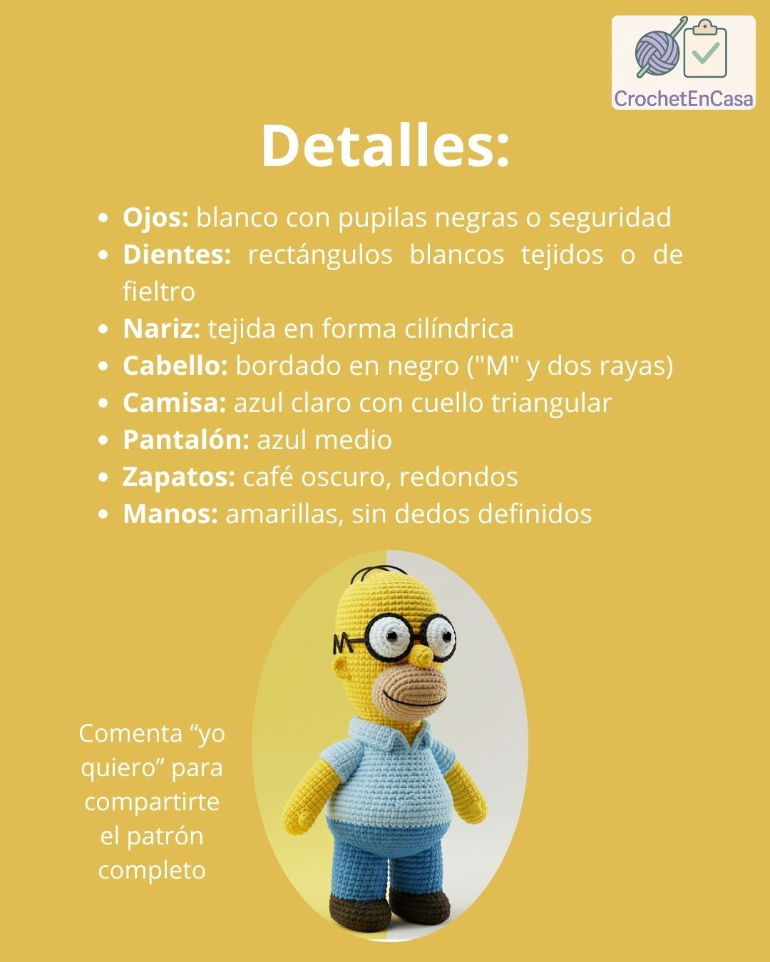 Patrón detallado para crear amigurumi de Homero Simpson paso a paso.