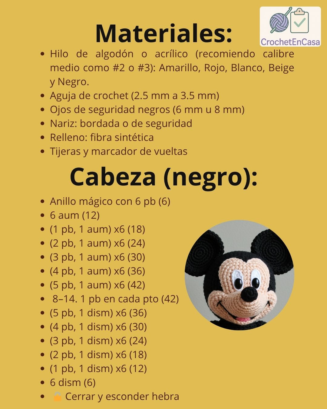 Patrón detallado para crear tu propio amigurumi de Mickey Mouse