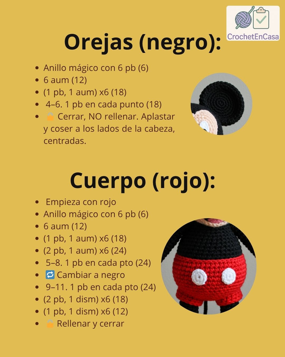 Patrón detallado para crear tu propio amigurumi de Mickey Mouse