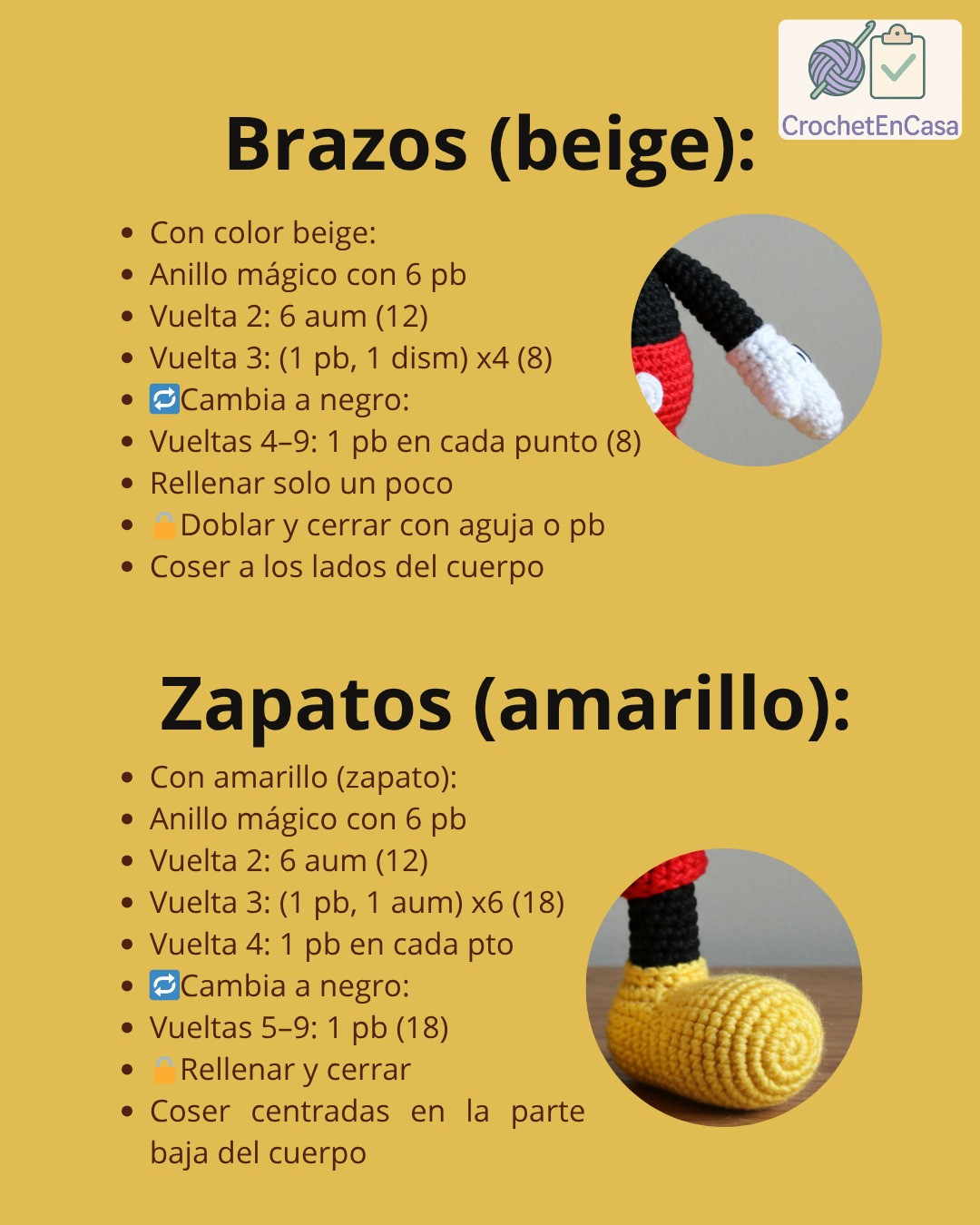 Patrón detallado para crear tu propio amigurumi de Mickey Mouse