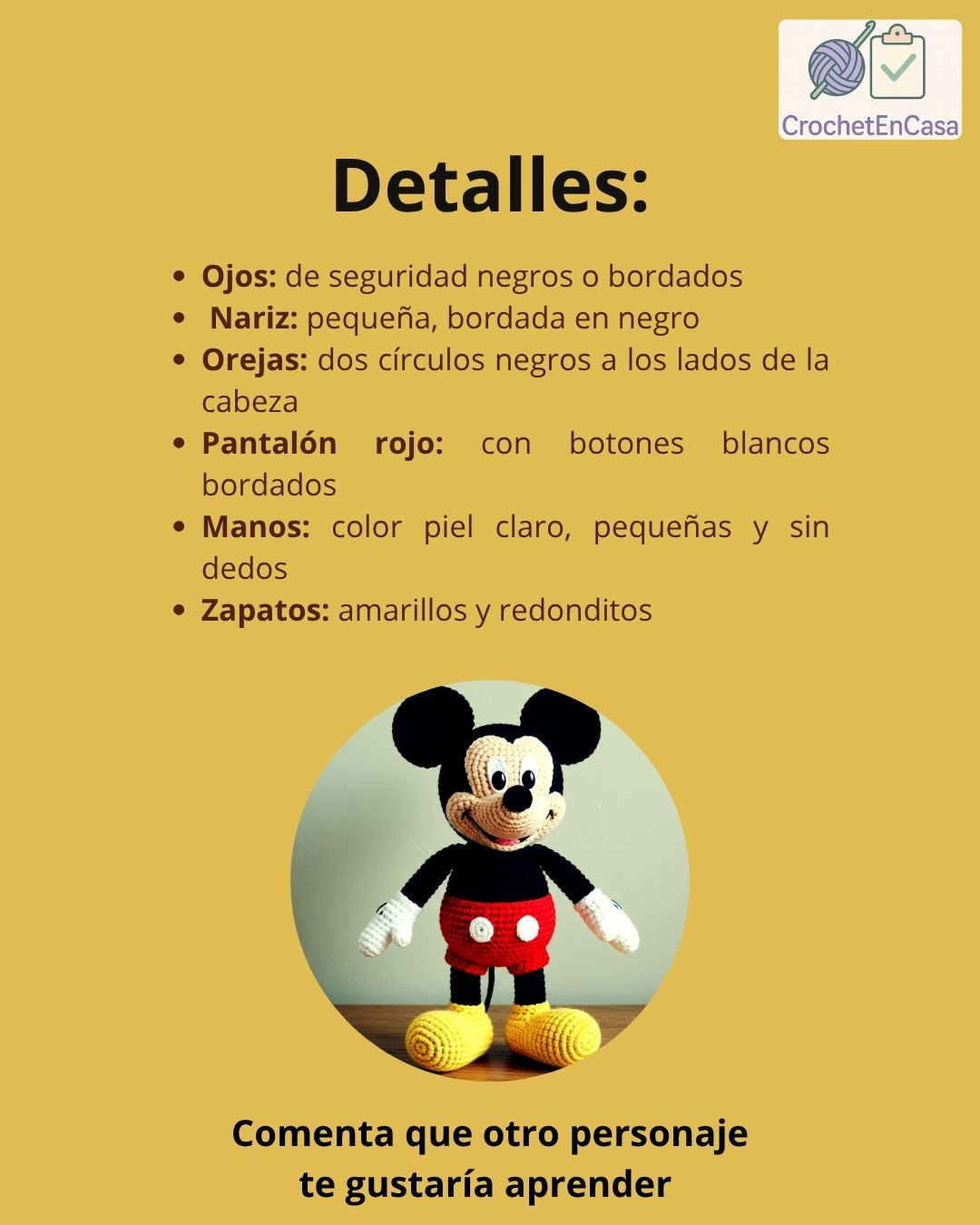 Patrón detallado para crear tu propio amigurumi de Mickey Mouse