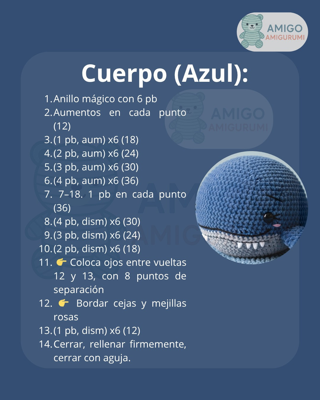 Patrón detallado para crear un adorable amigurumi de ballena azul