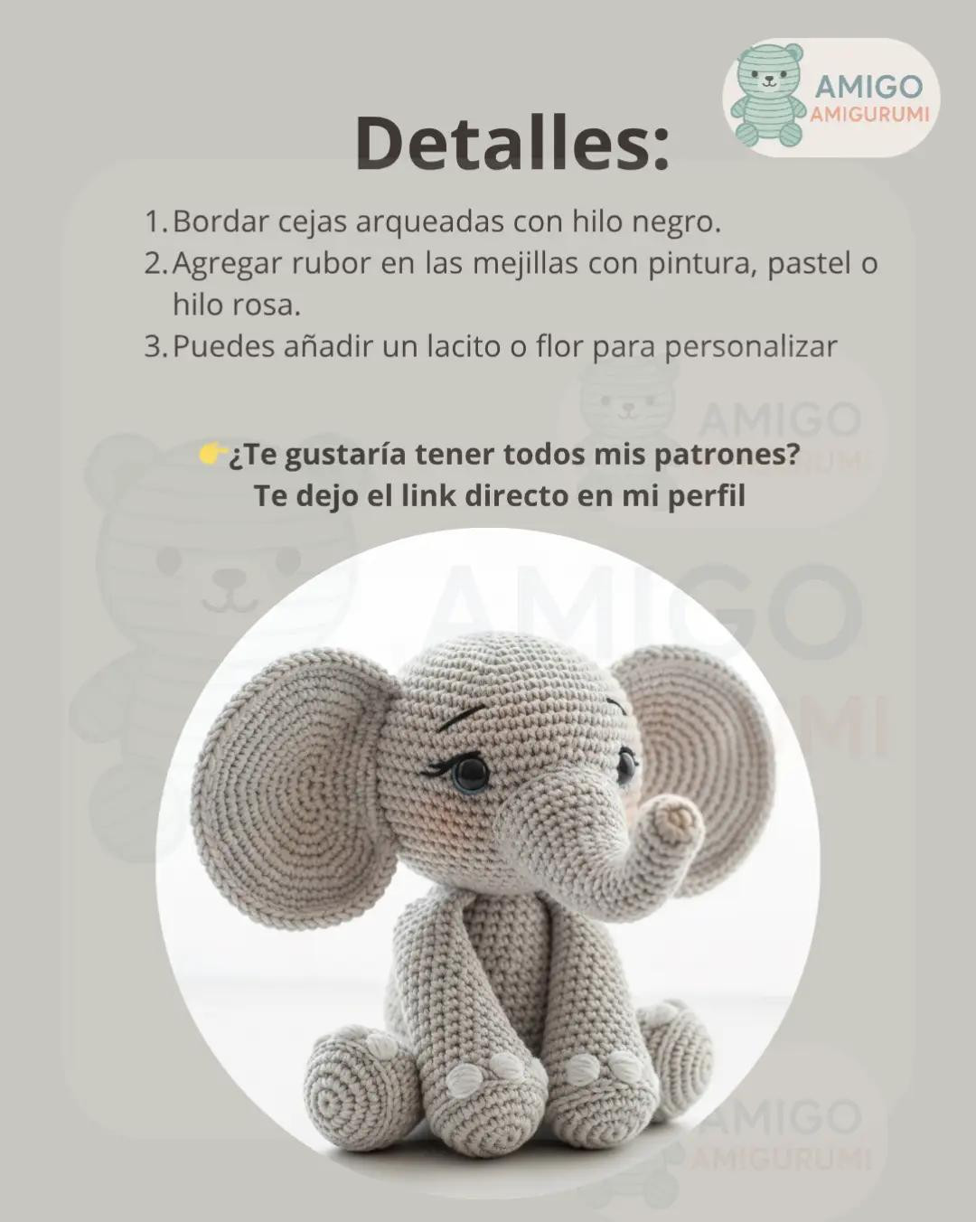 Patrón detallado para crear un adorable elefante amigurumi de crochet.