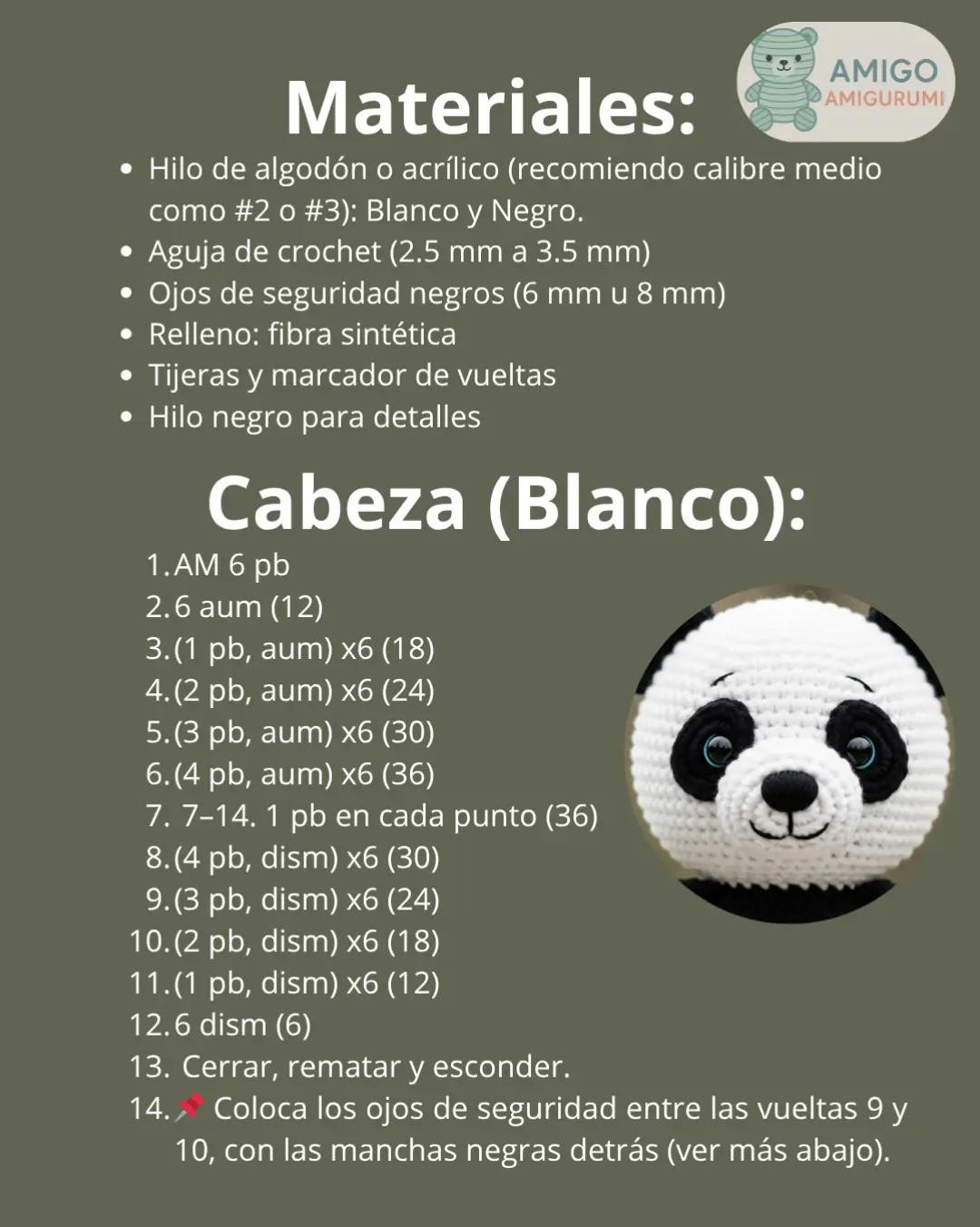 Patrón detallado para crear un adorable oso panda amigurumi.