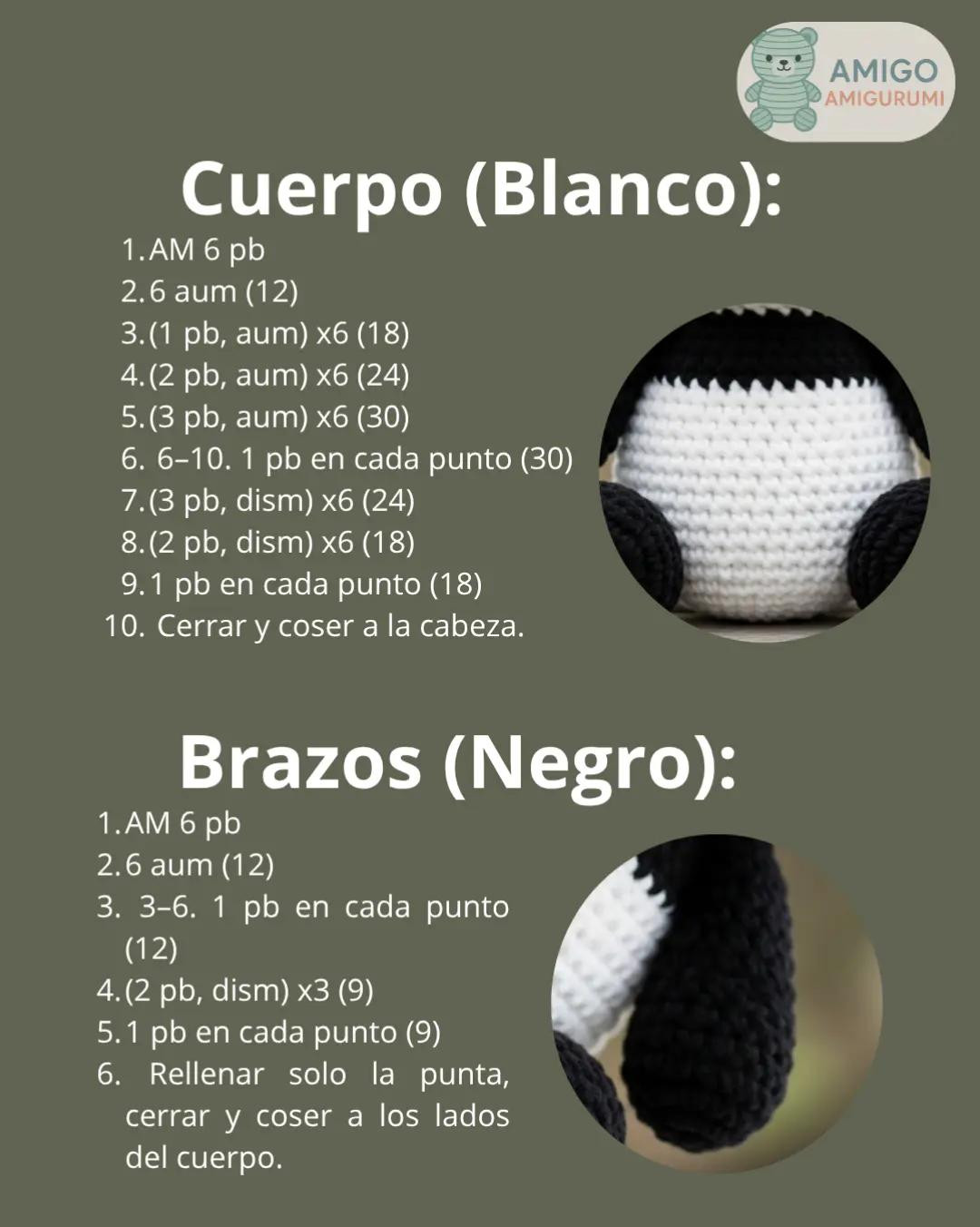 Patrón detallado para crear un adorable oso panda amigurumi.