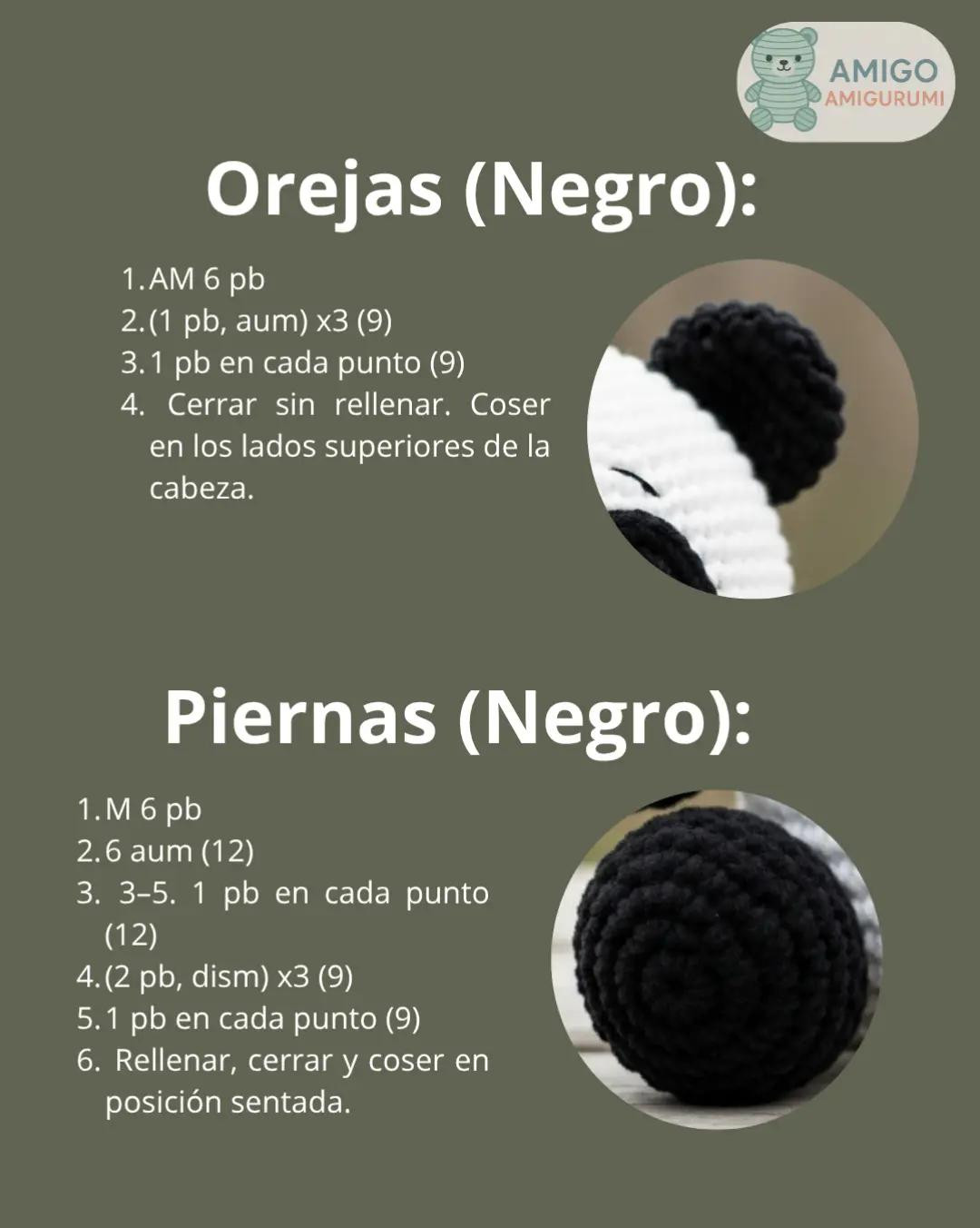 Patrón detallado para crear un adorable oso panda amigurumi.