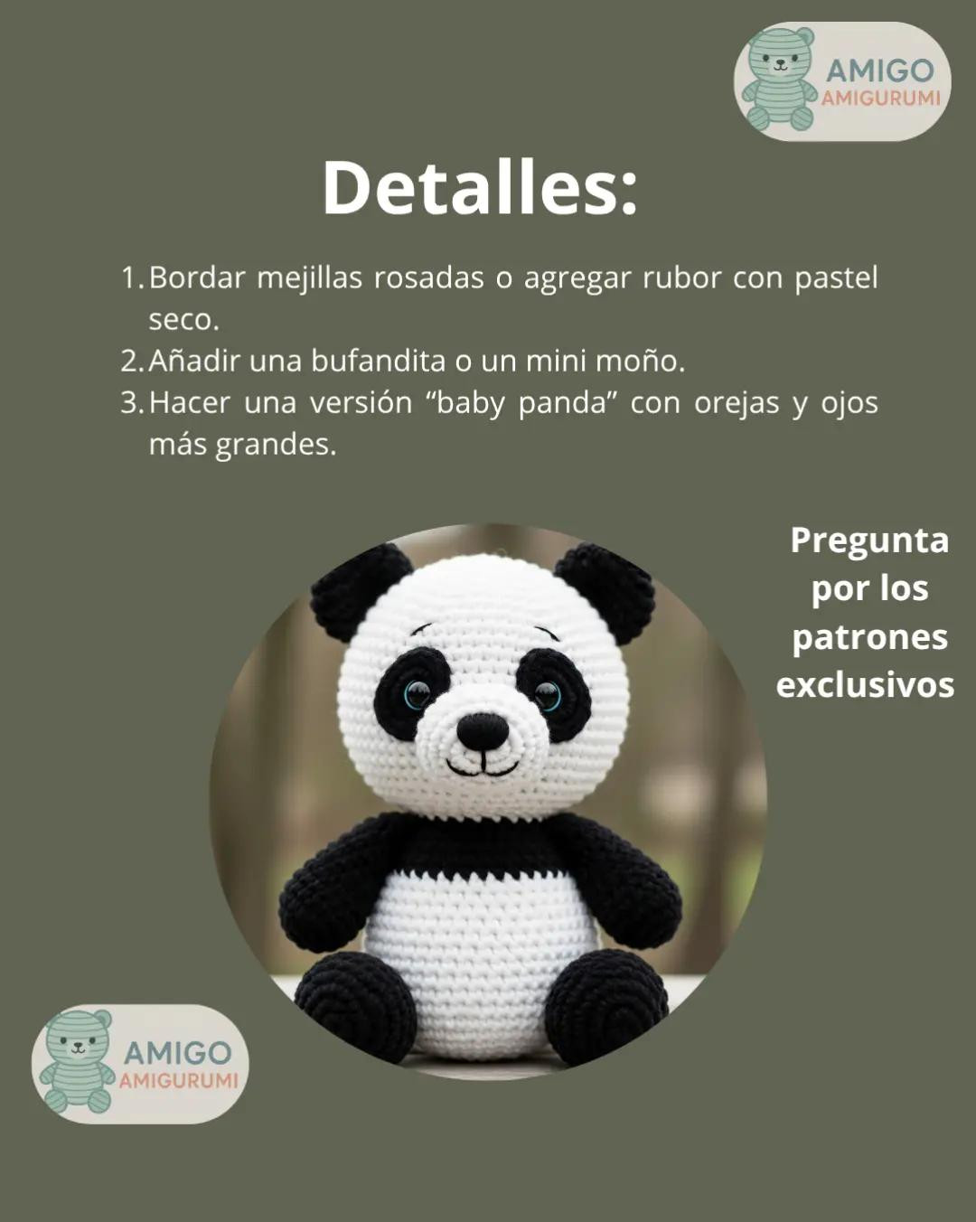 Patrón detallado para crear un adorable oso panda amigurumi.