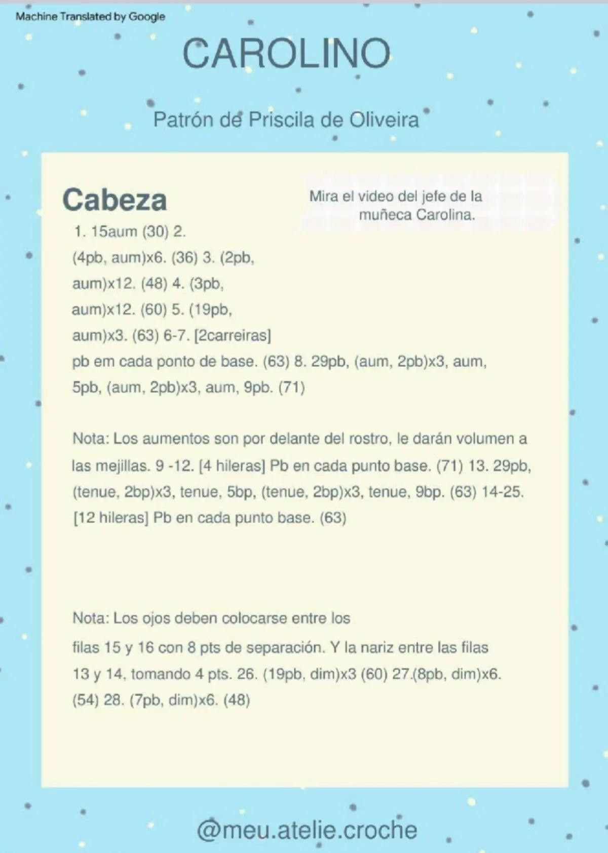 Patrón detallado para crear una muñeca de crochet con vestido azul y cabello naranja