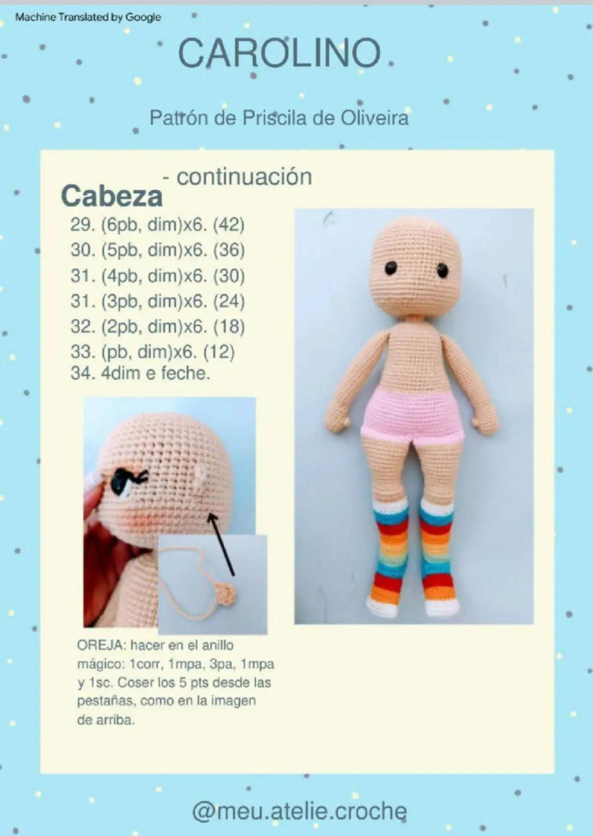 Patrón detallado para crear una muñeca de crochet con vestido azul y cabello naranja