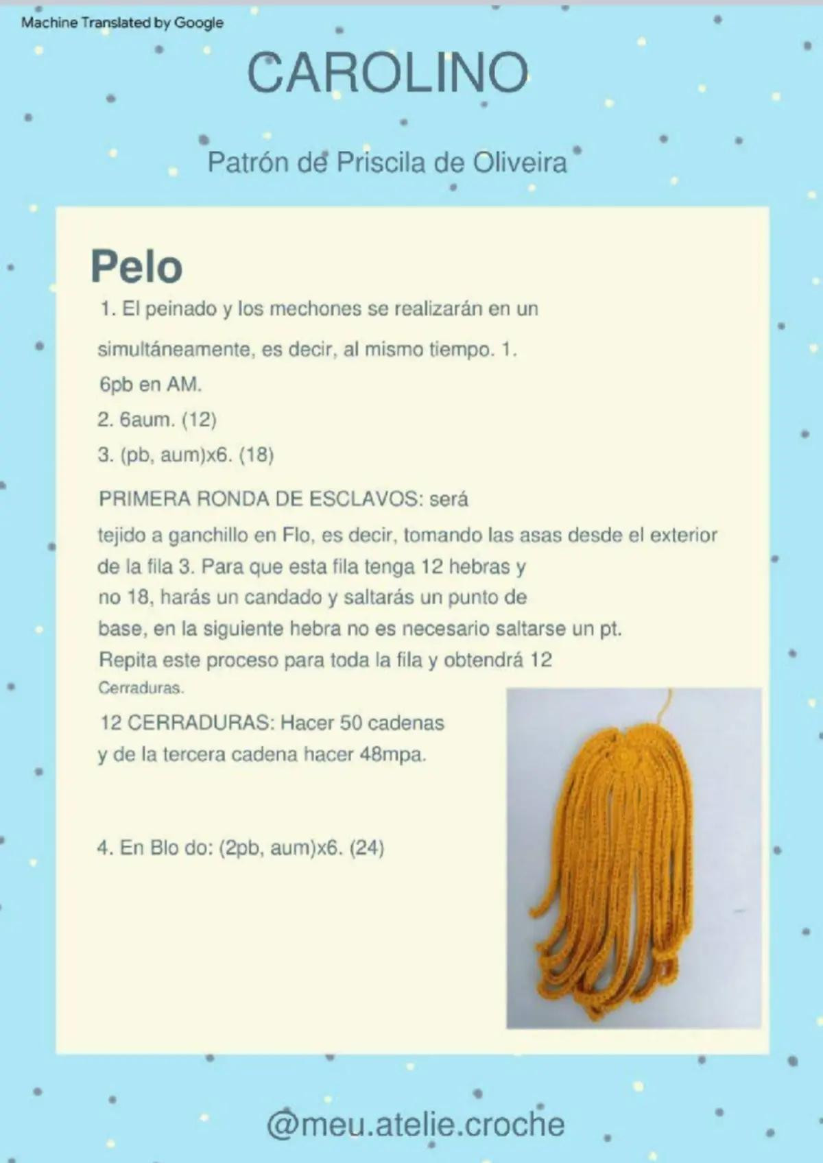 Patrón detallado para crear una muñeca de crochet con vestido azul y cabello naranja