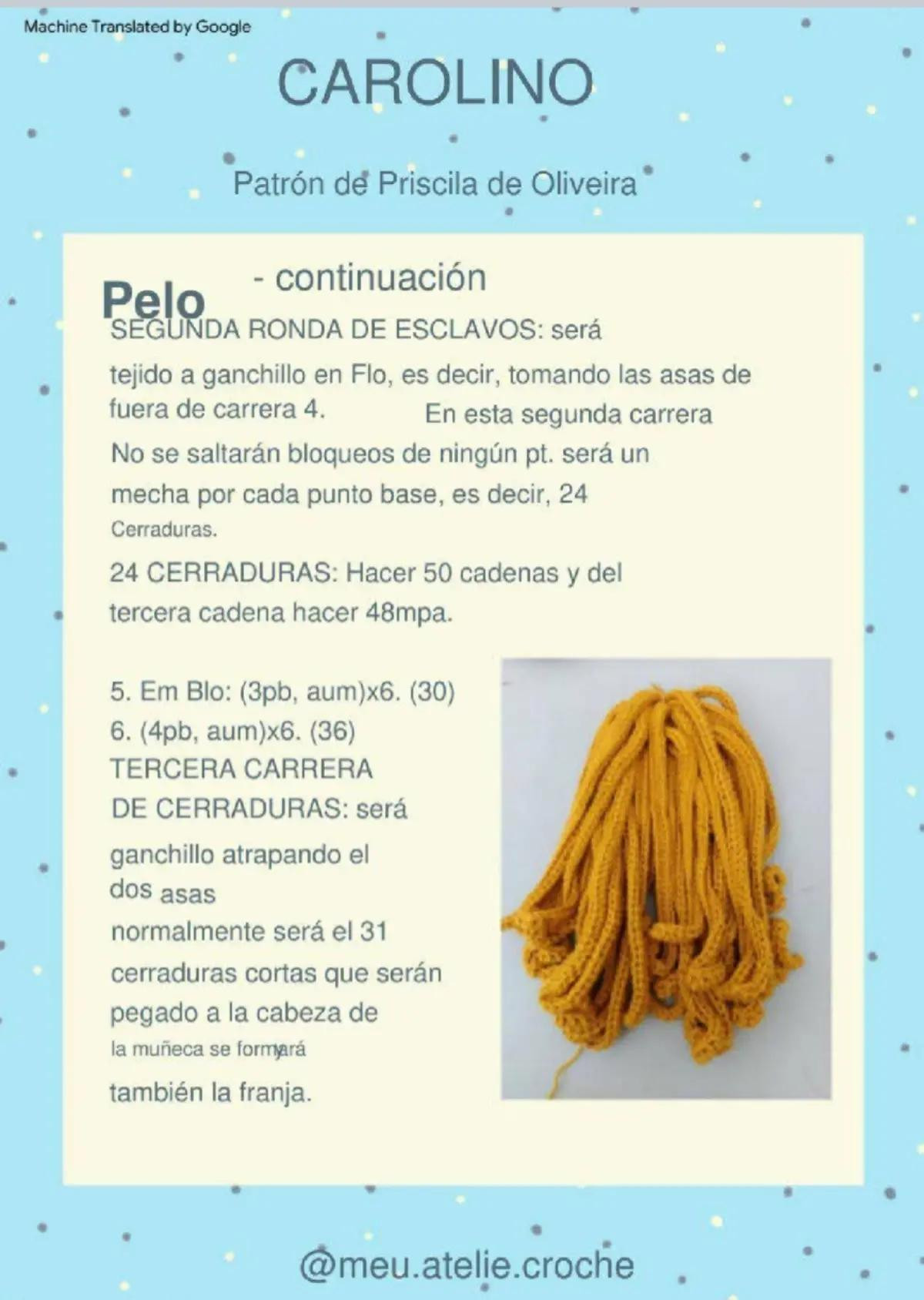 Patrón detallado para crear una muñeca de crochet con vestido azul y cabello naranja