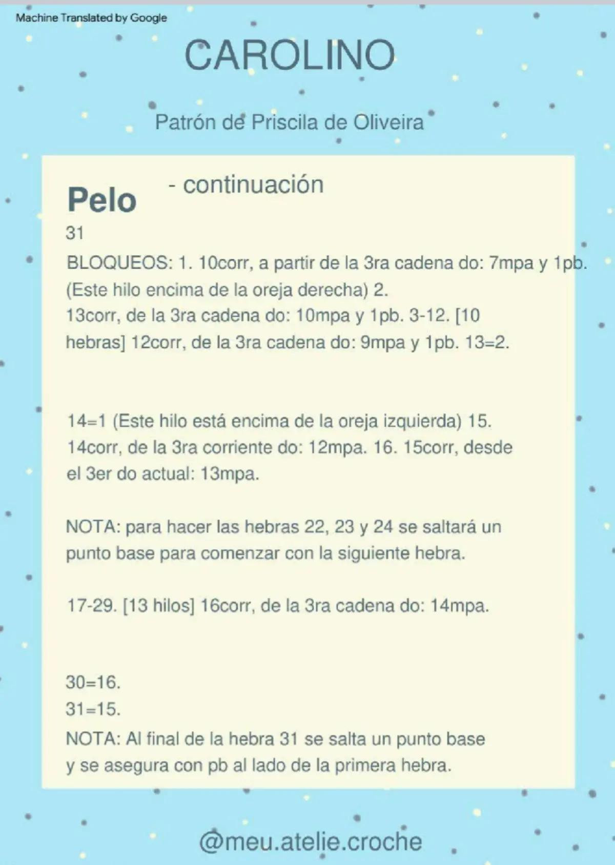 Patrón detallado para crear una muñeca de crochet con vestido azul y cabello naranja