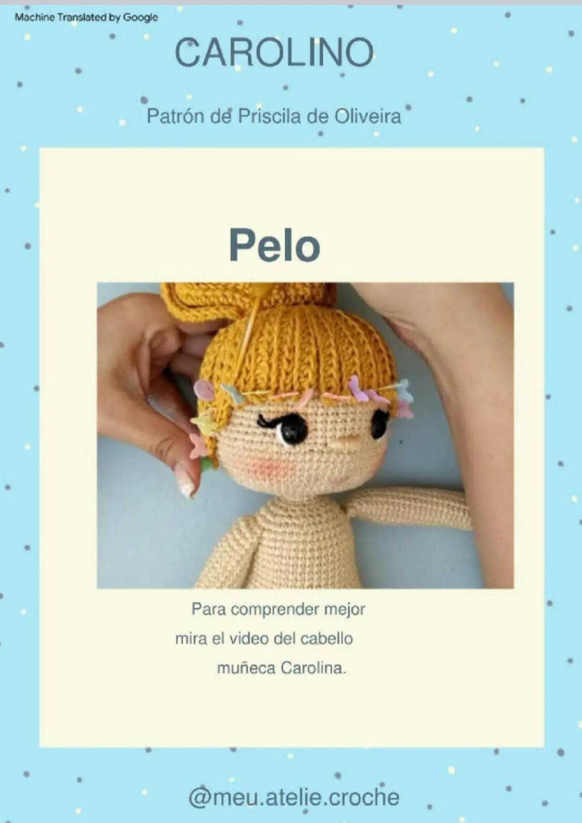 Patrón detallado para crear una muñeca de crochet con vestido azul y cabello naranja