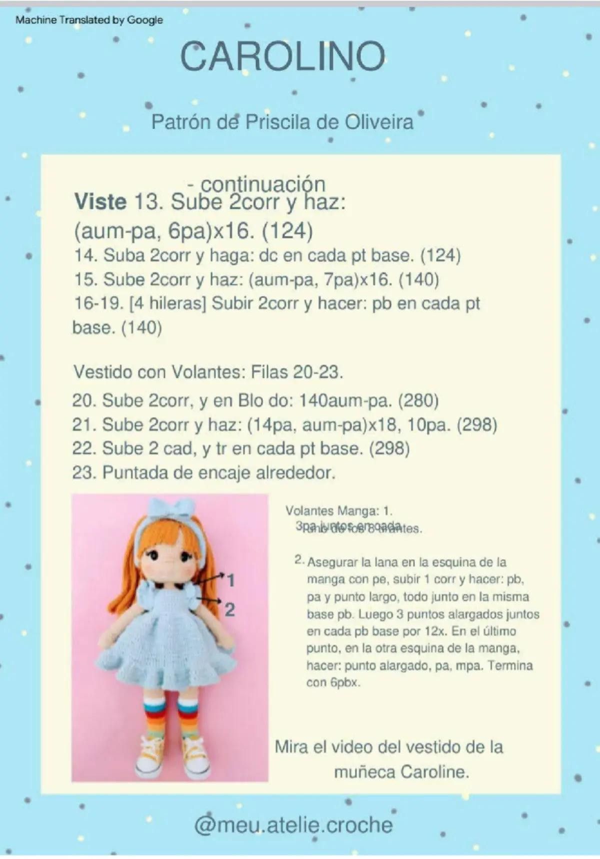 Patrón detallado para crear una muñeca de crochet con vestido azul y cabello naranja