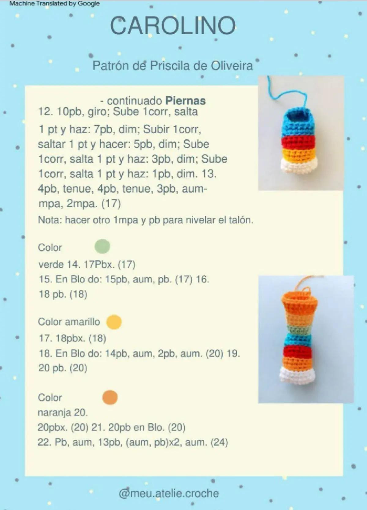 Patrón detallado para crear una muñeca de crochet con vestido azul y cabello naranja