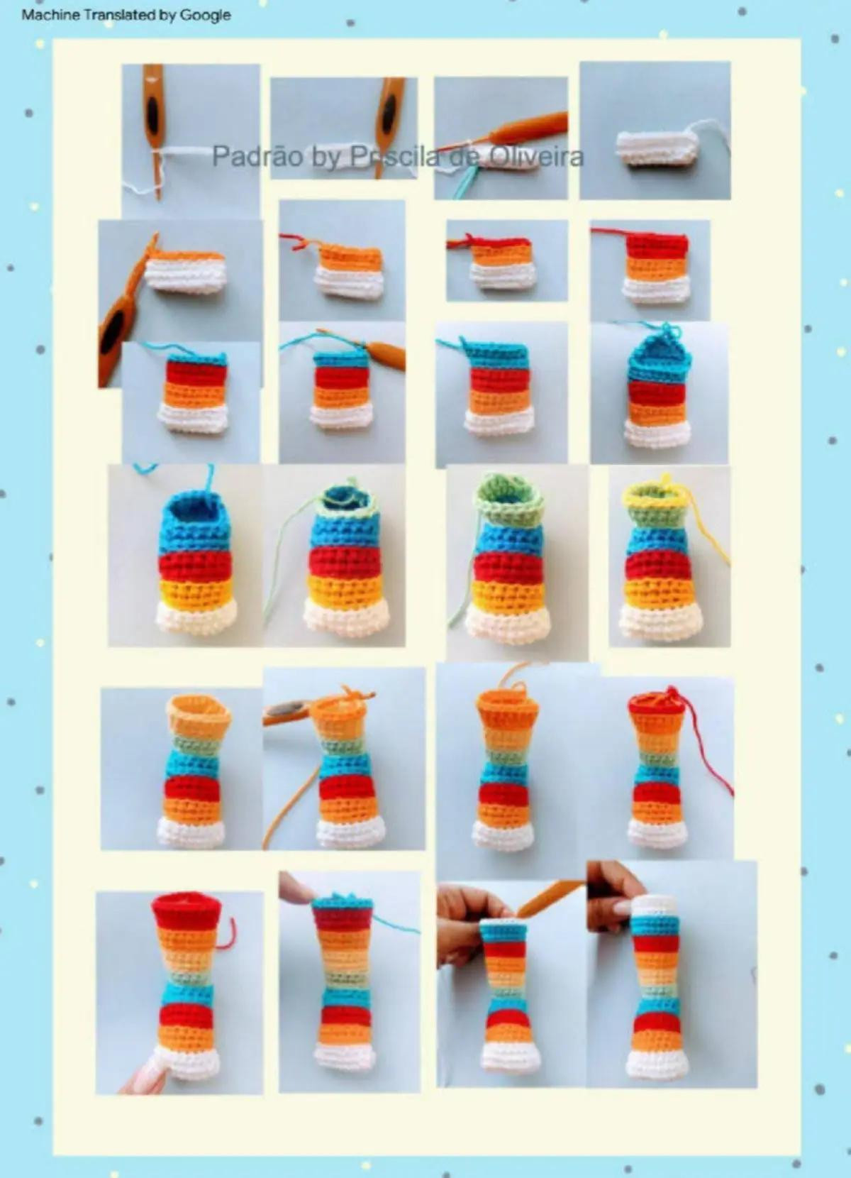 Patrón detallado para crear una muñeca de crochet con vestido azul y cabello naranja